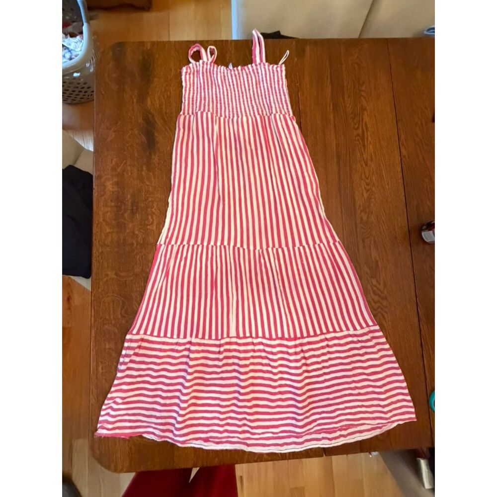 RAVIYA Pink White Striped Smocked Tiered Maxi Dress Size Small